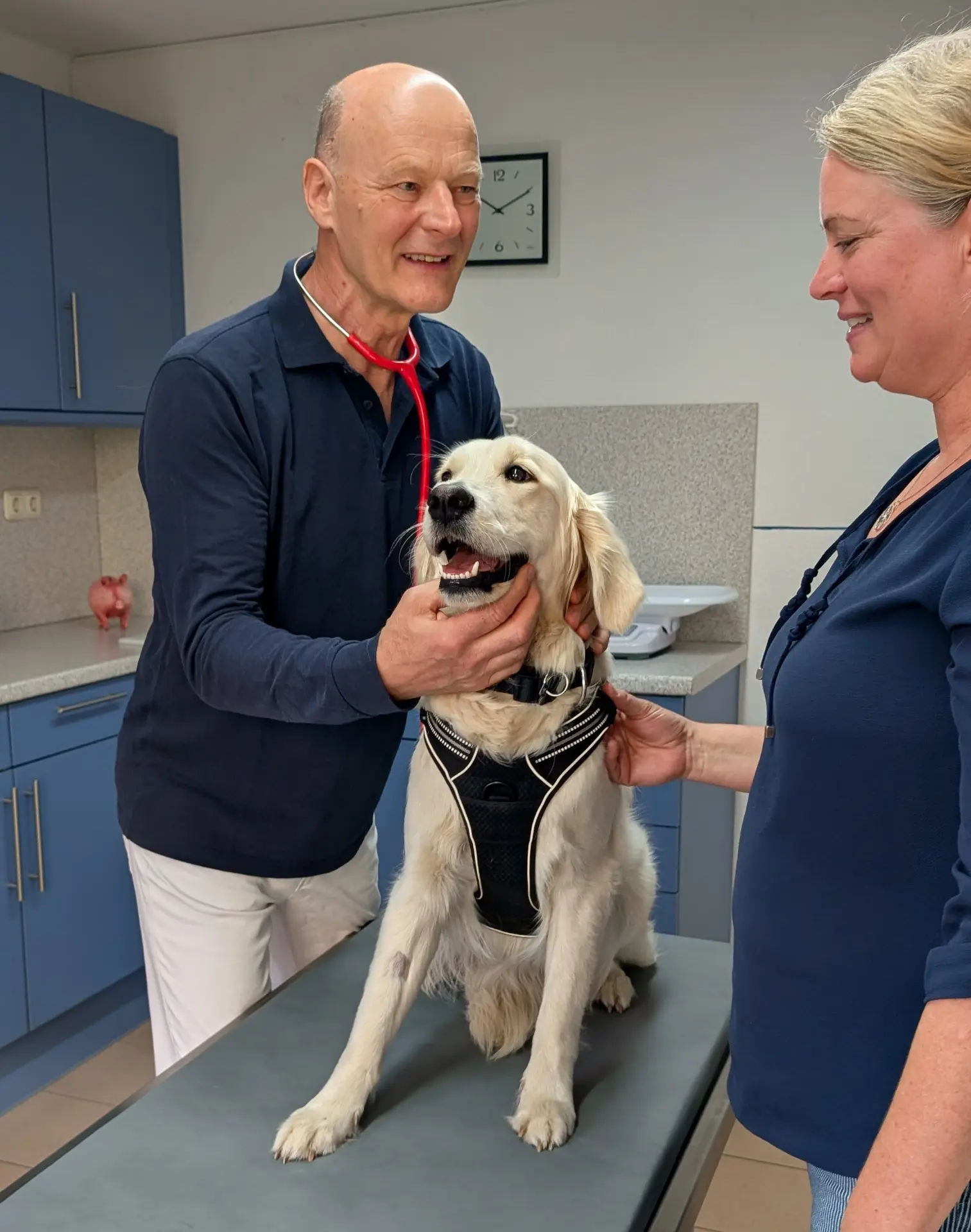 Christoph Schäuble und eine Mitarbeiterin untersuchen einen Golden Retriever im Behandlungsraum